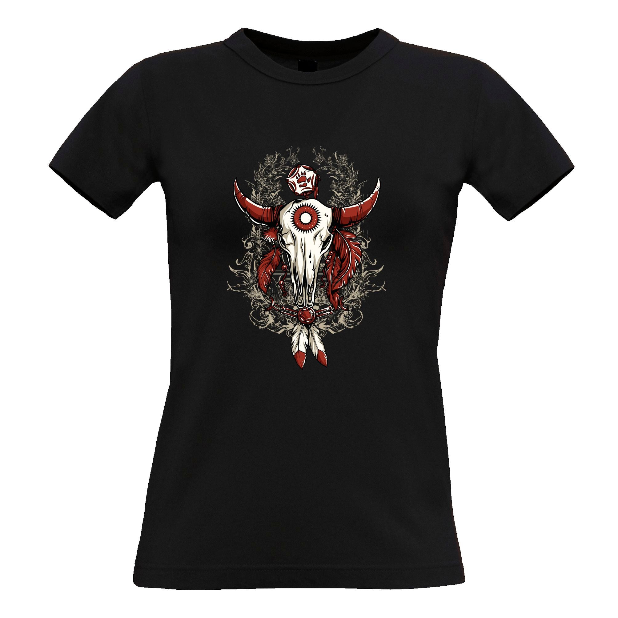 Native American Art Womens T Shirt Bull Skull and Feathers