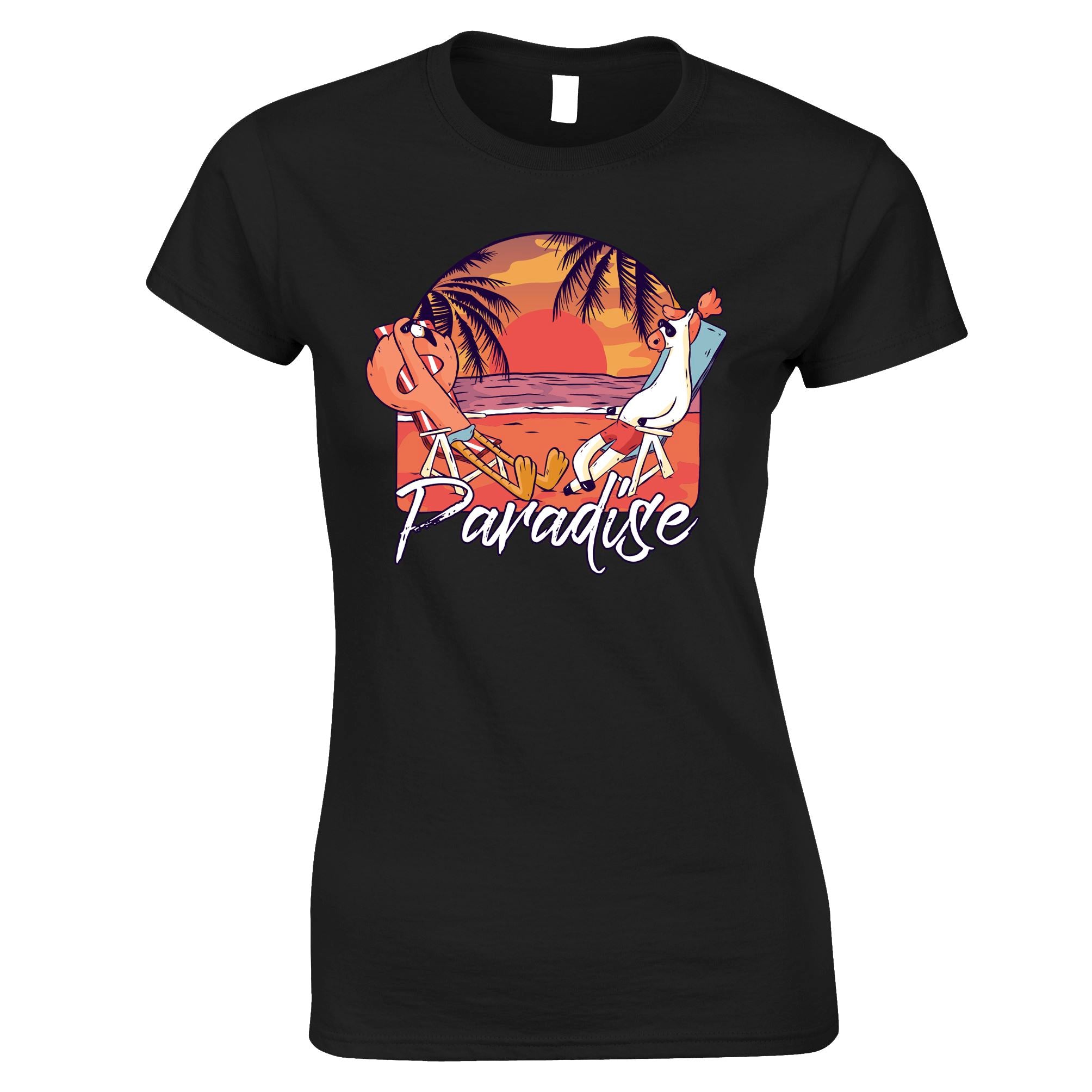 Paradise Beach Womens T Shirt Flamingo and Unicorn Relaxing Tee