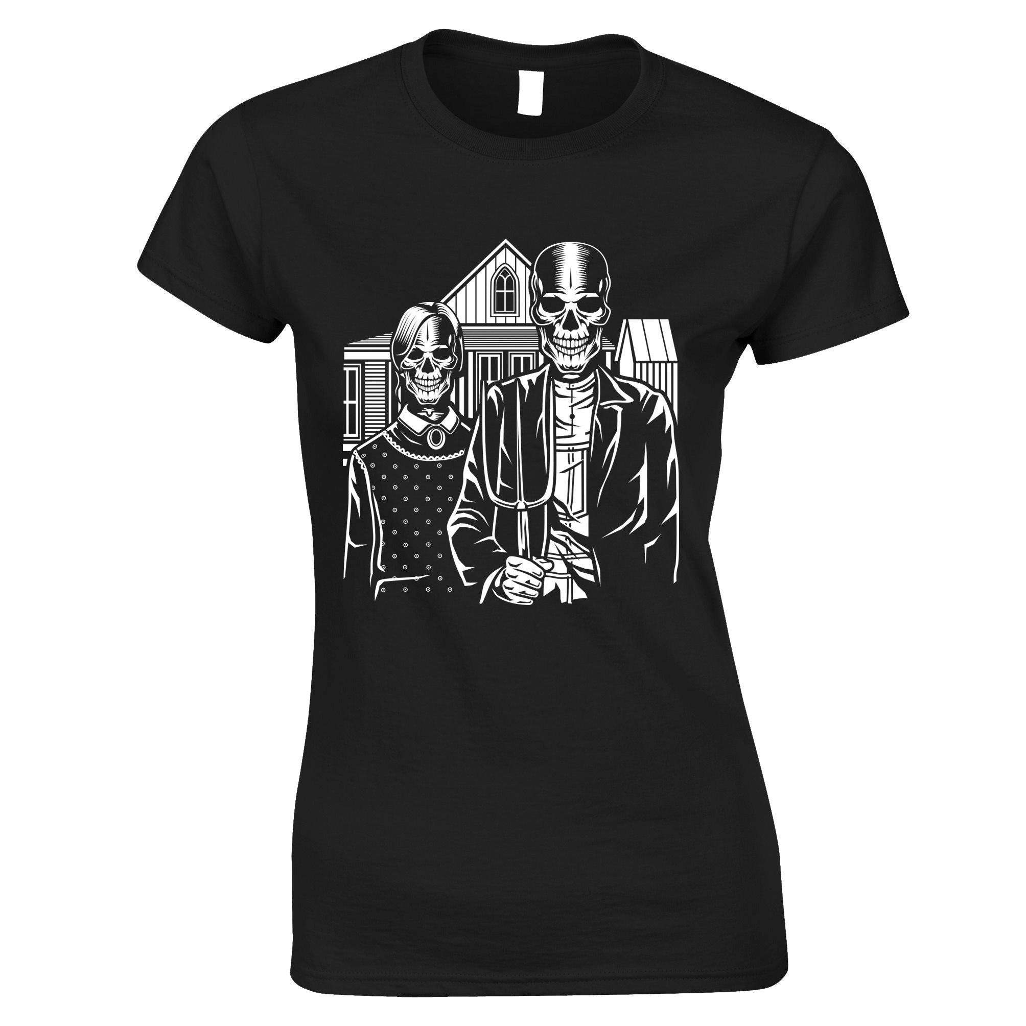 Skulls Womens T Shirt Skeleton Gothic House in Eldon