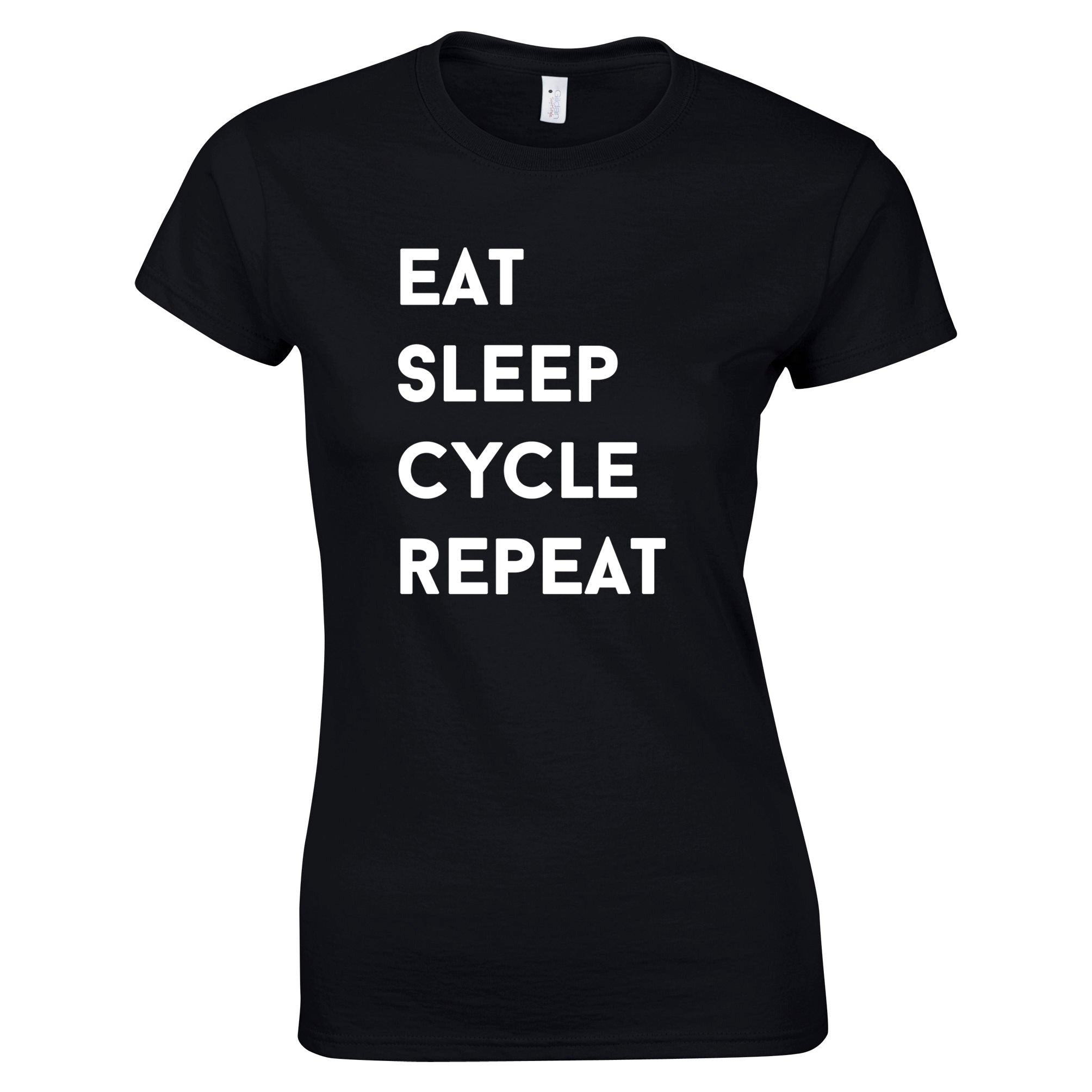 Biking Womens T Shirt Eat, Sleep, Cycle, Repeat Slogan