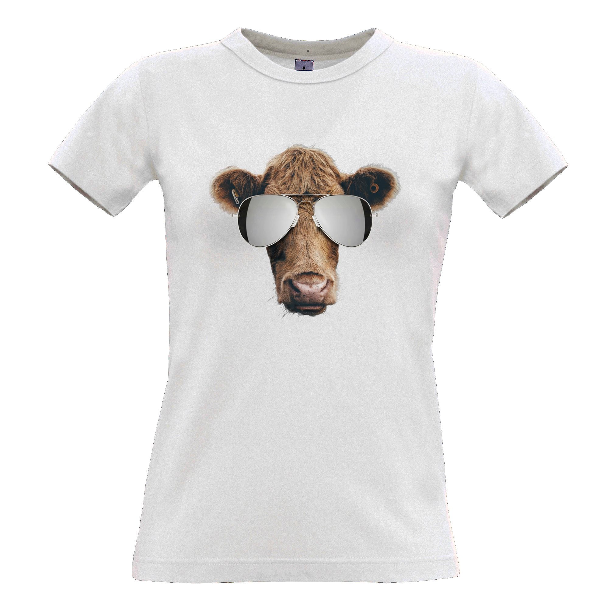 Summer Art Womens T Shirt Cow Wearing Sunglasses