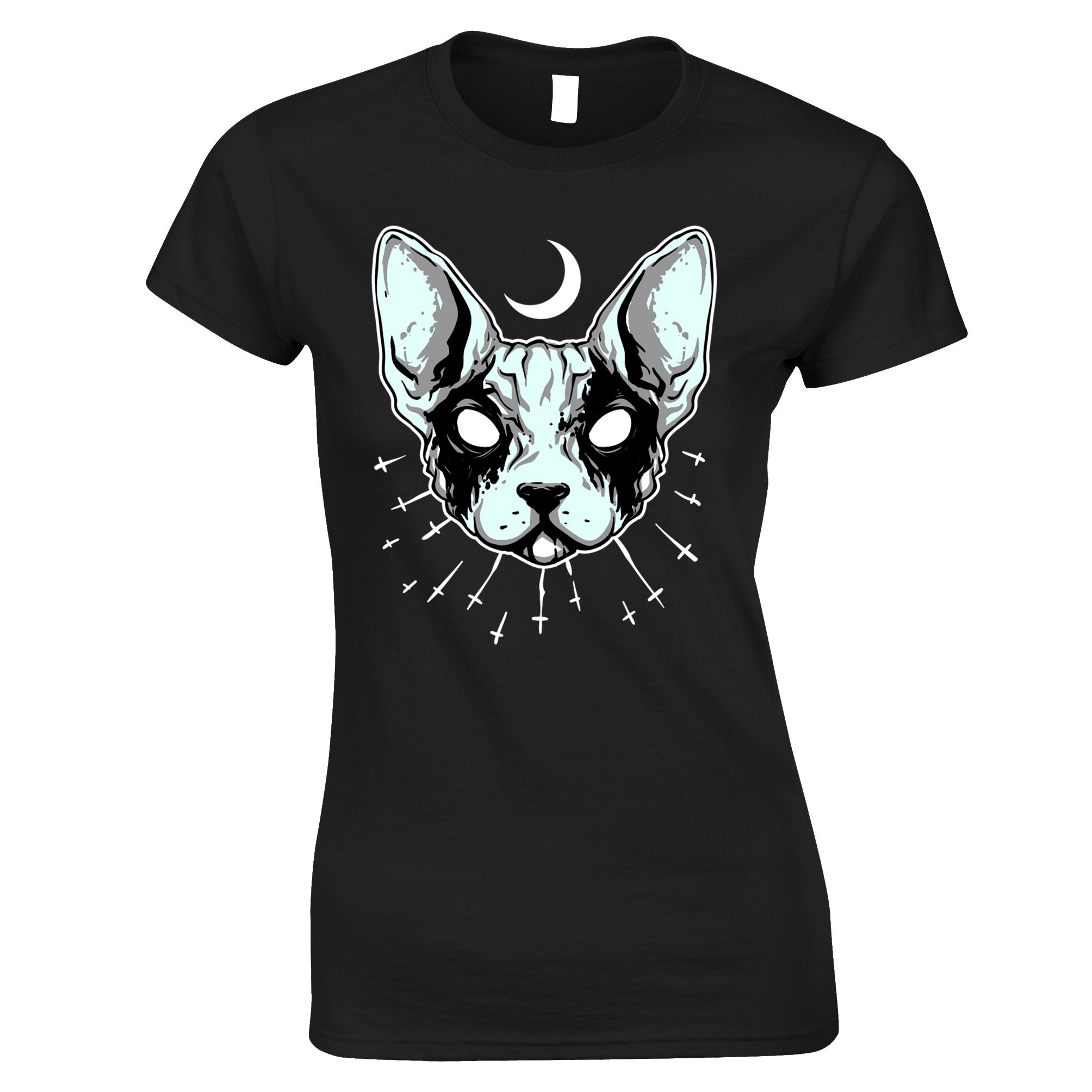 Black Metal Womens T Shirt Gothic Cat Moon Spirit