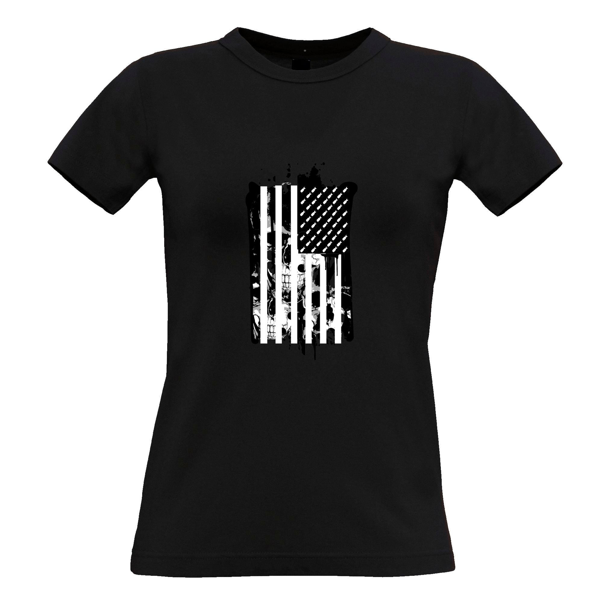 American Flag Womens T Shirt Stylised with Skulls and Bombs