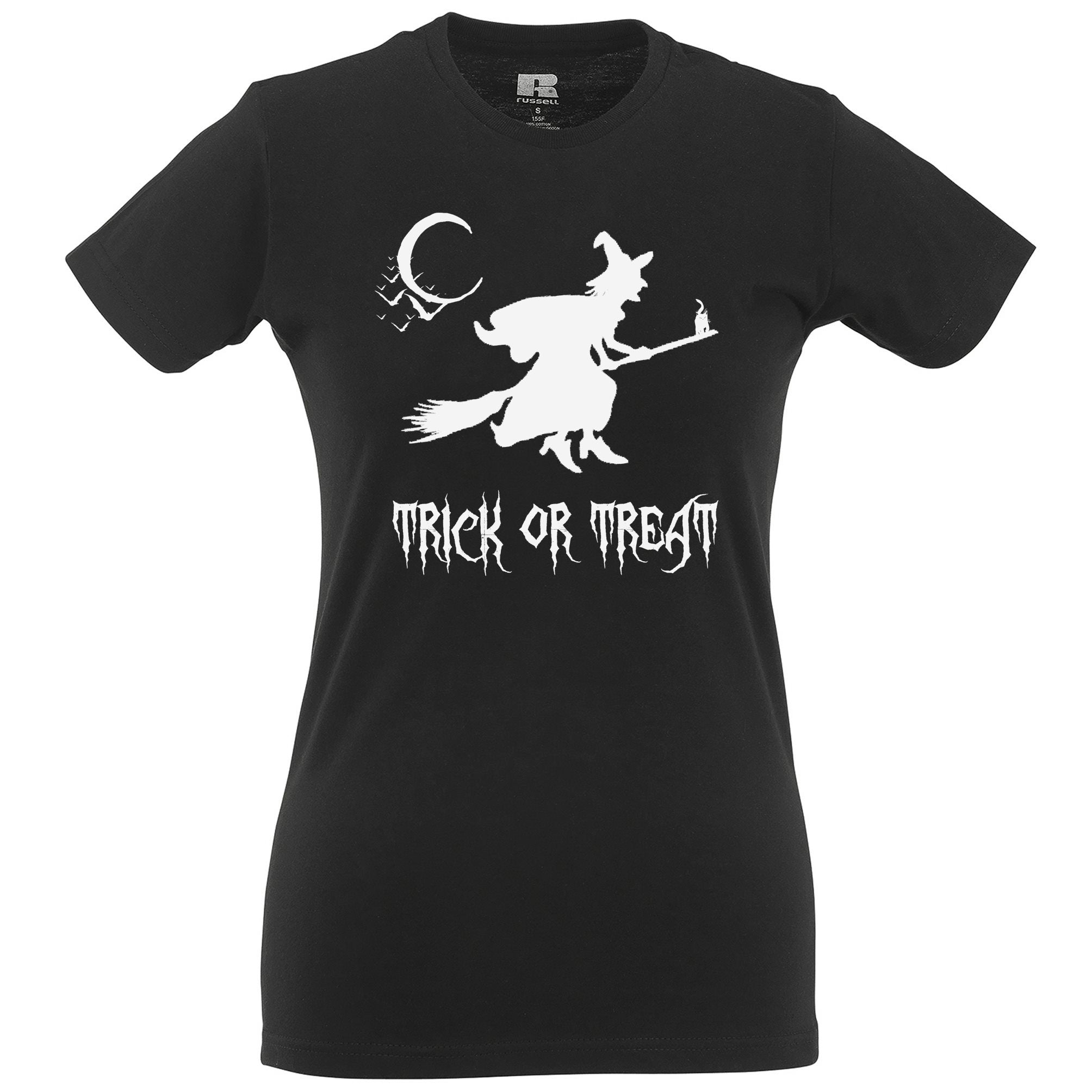 Halloween Womens T Shirt Witch On A Broomstick Trick Or Treat