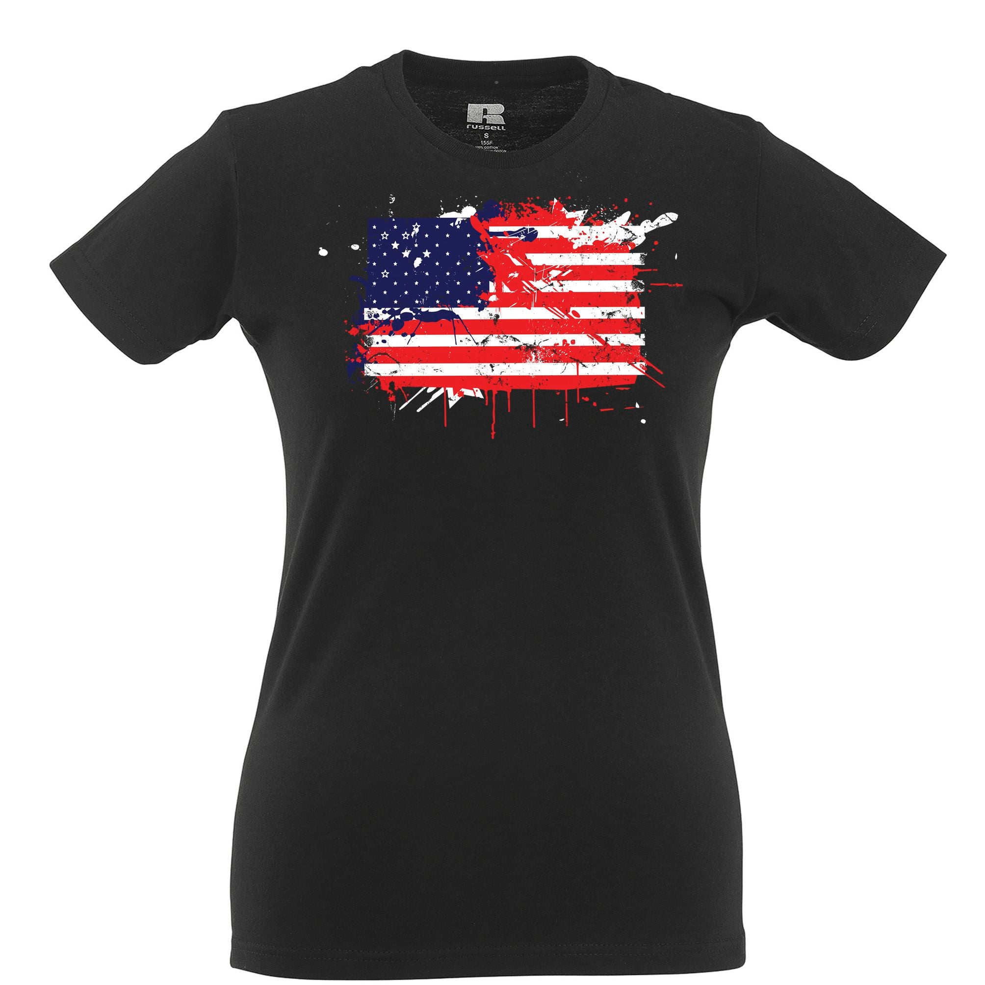 American Womens T Shirt Paint Splatter USA Flag