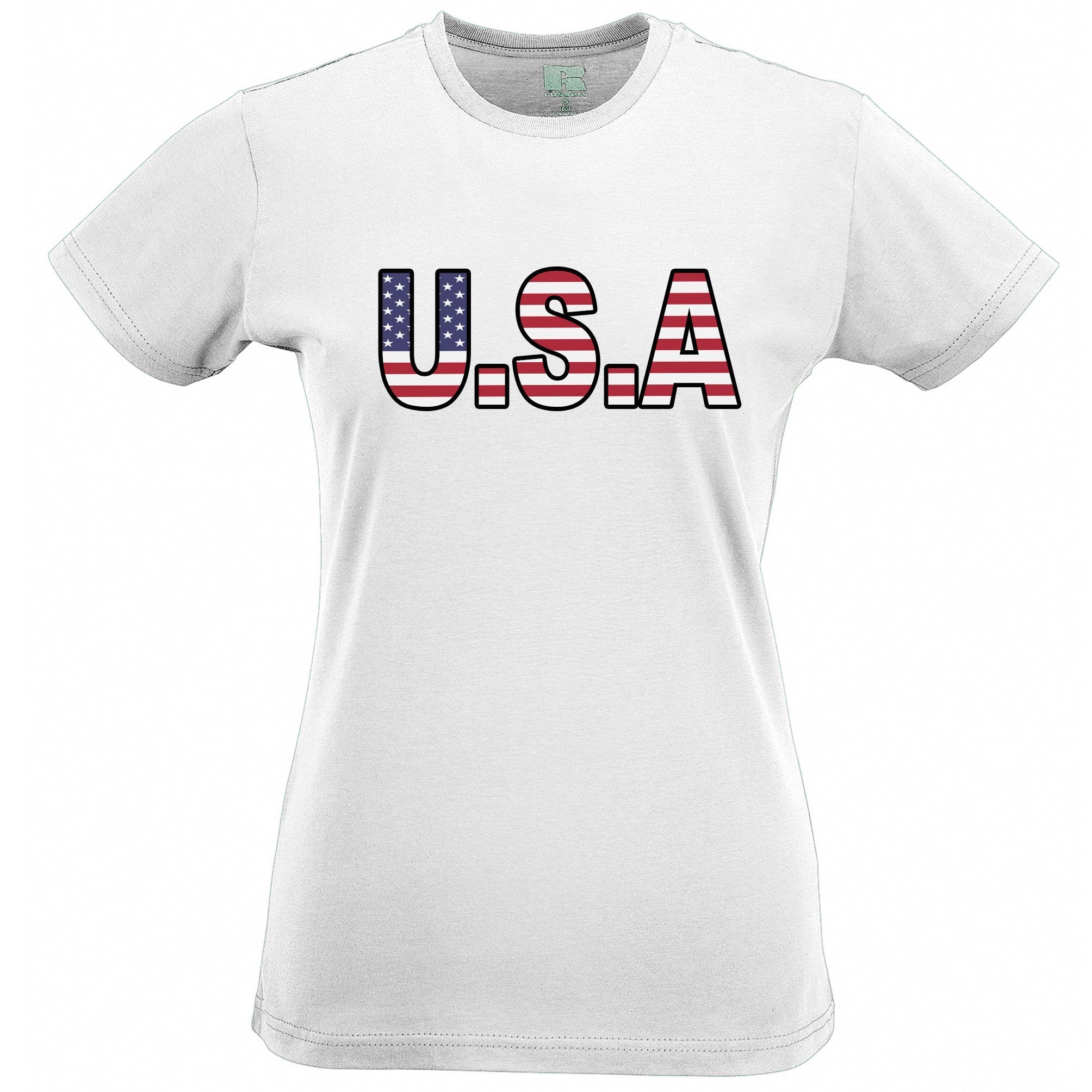 American Womens T Shirt USA Stylised Flag Text