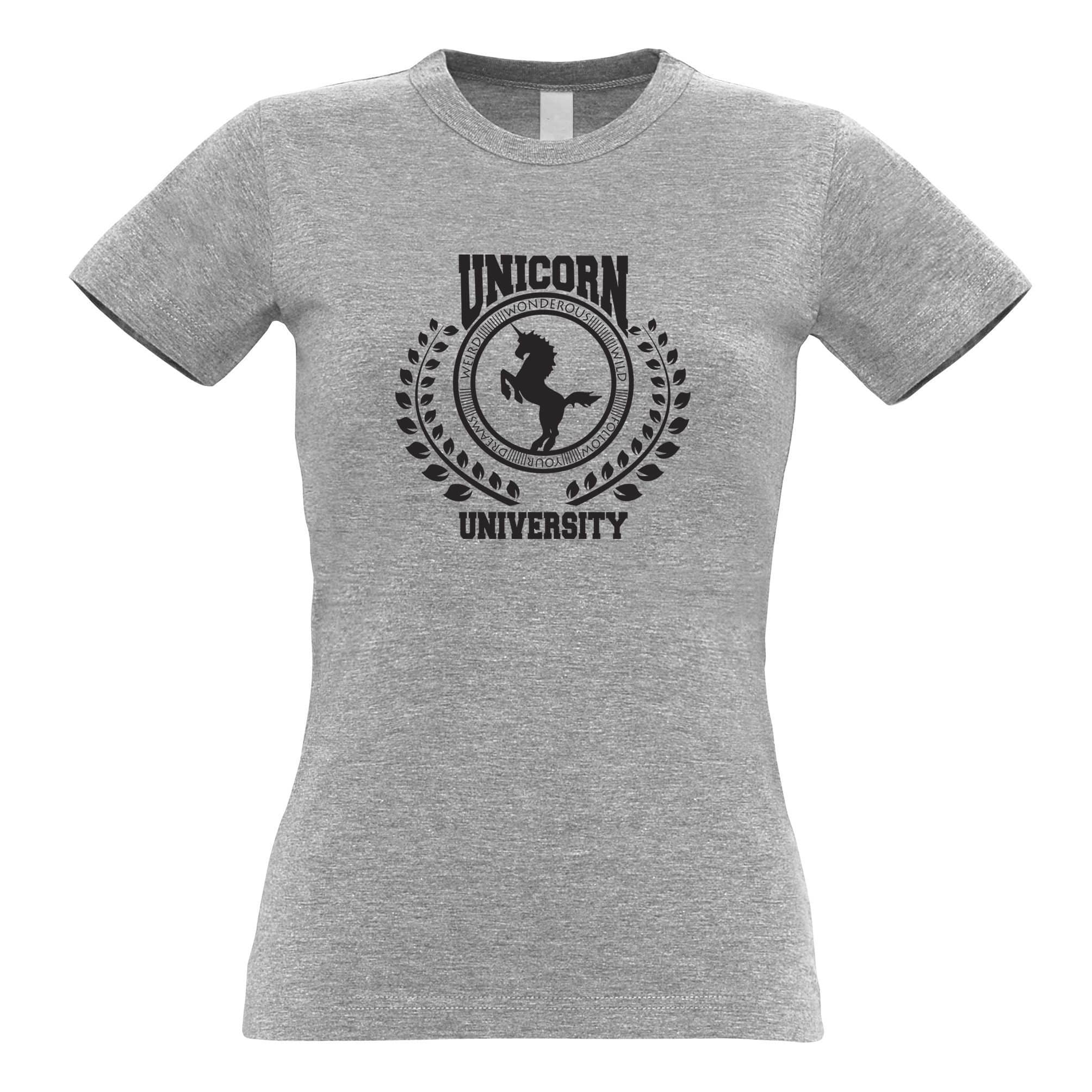 College Parody Womens T Shirt Unicorn University Logo