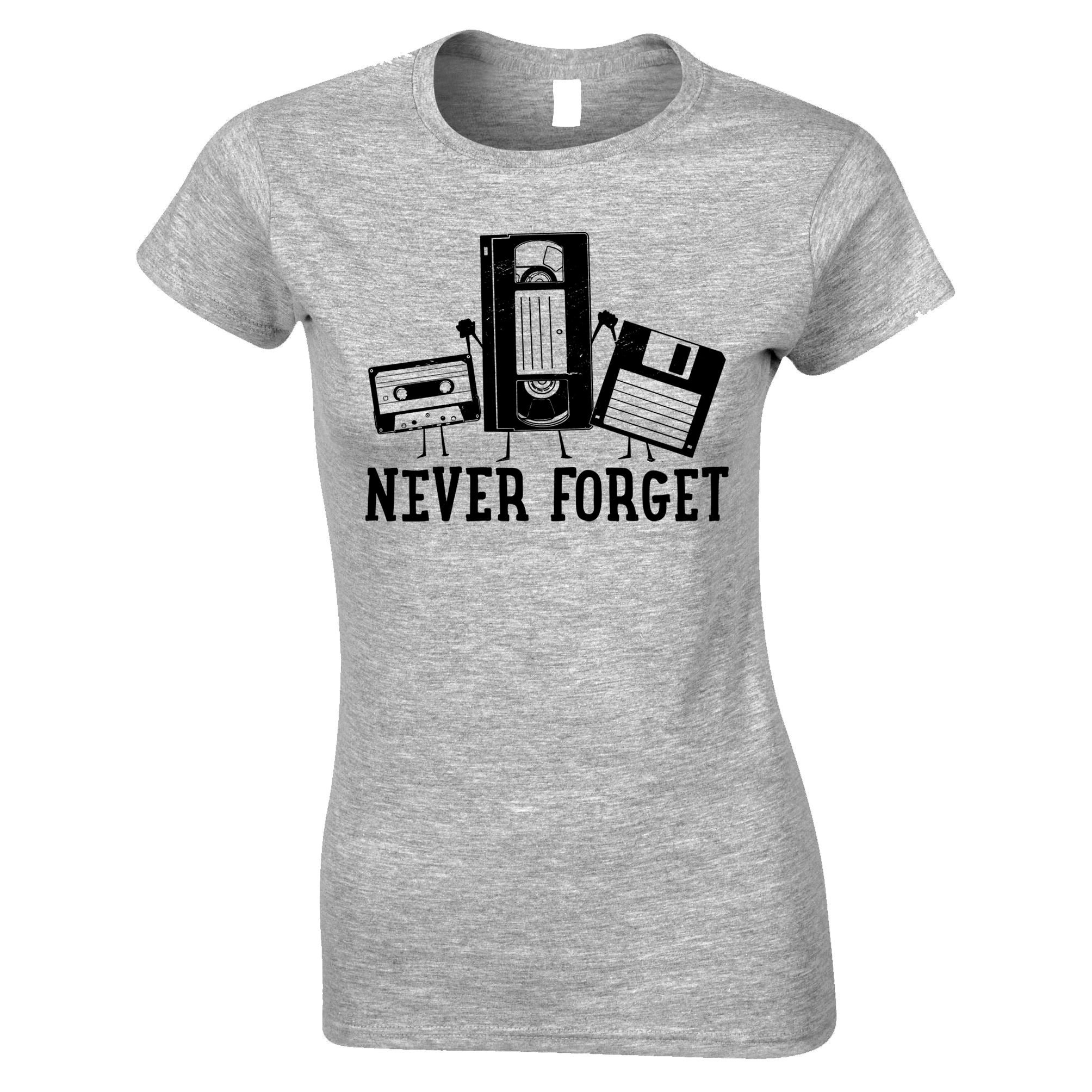 Retro Womens T Shirt Never Forget VHS and Floppy Discs