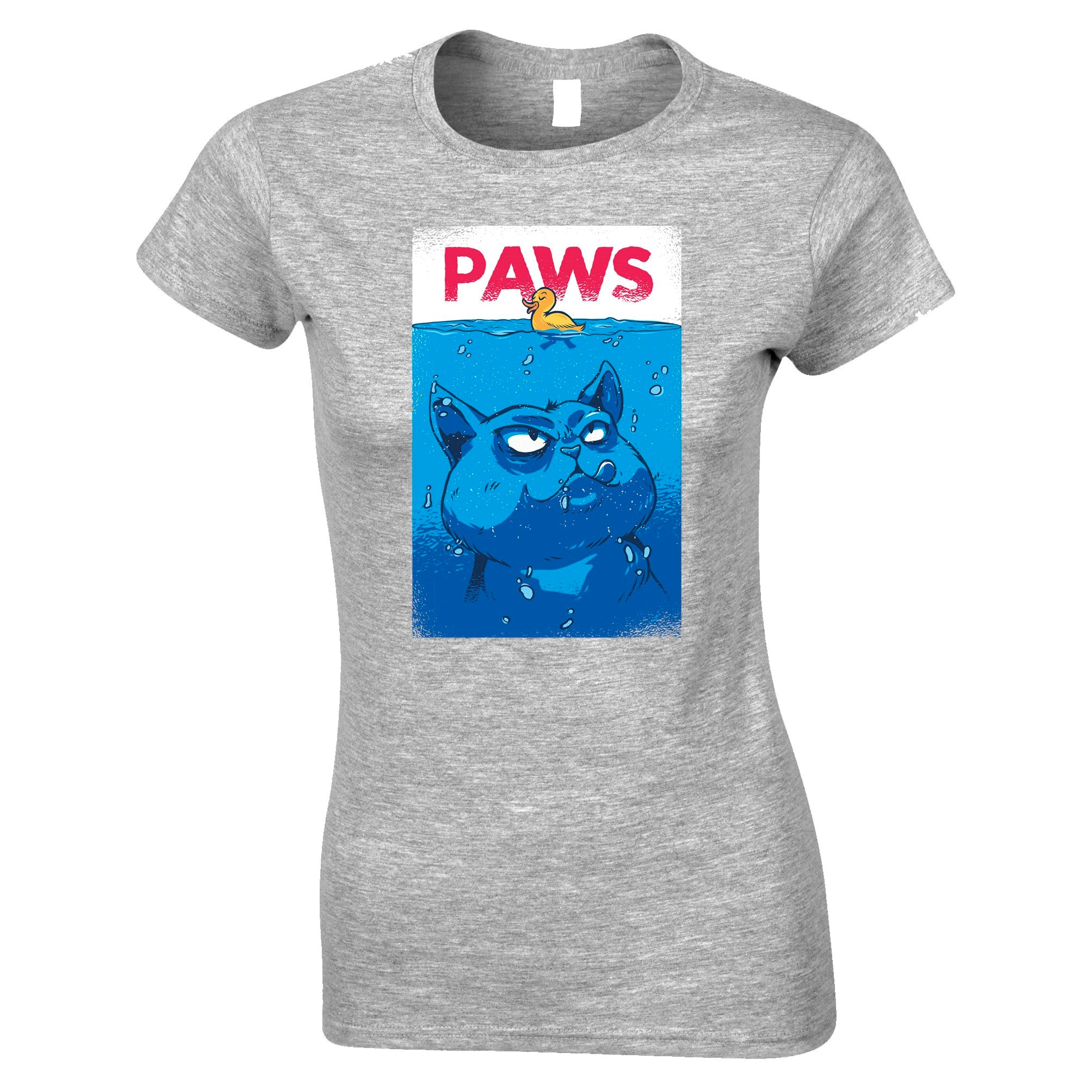 Funny Cat Womens T Shirt Paws The Movie Jaws Parody Tee