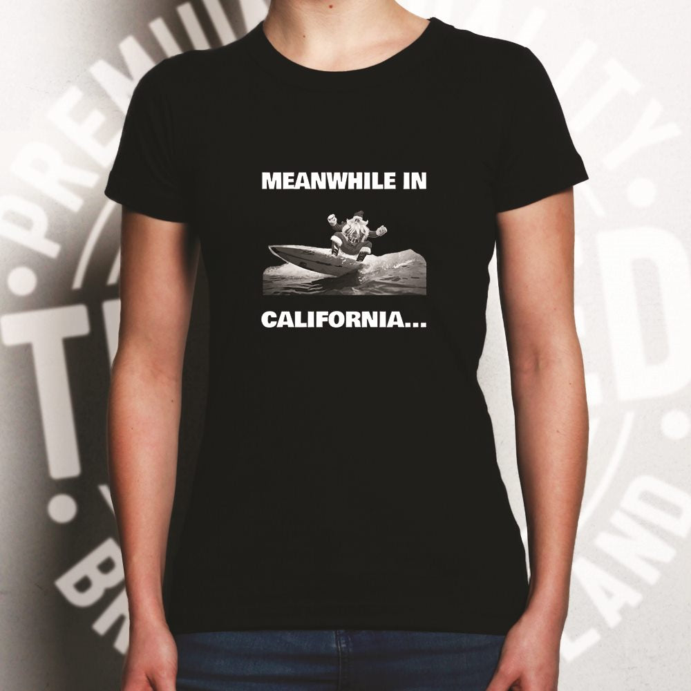 Joke Christmas Womens T Shirt Meanwhile in California Santa