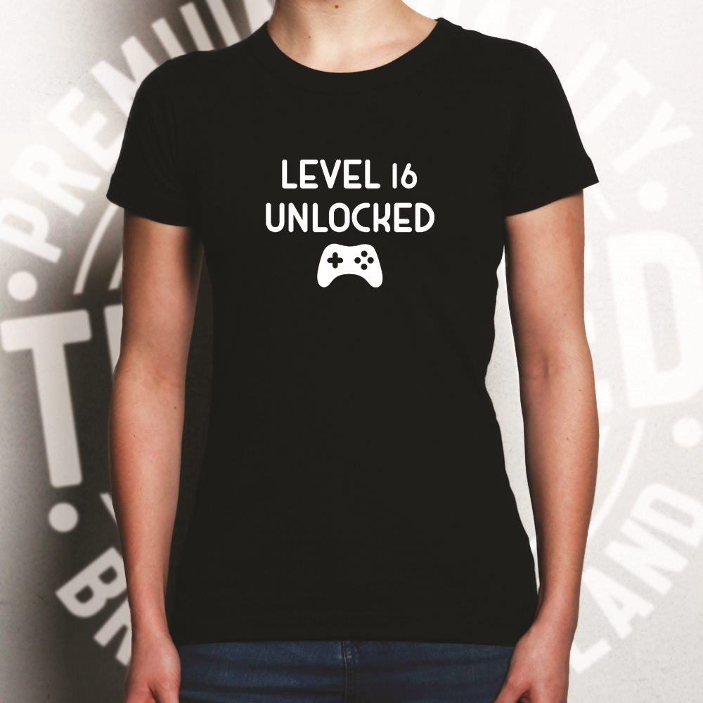 Gamers 16th Birthday Womens T Shirt Level 16 Unlocked