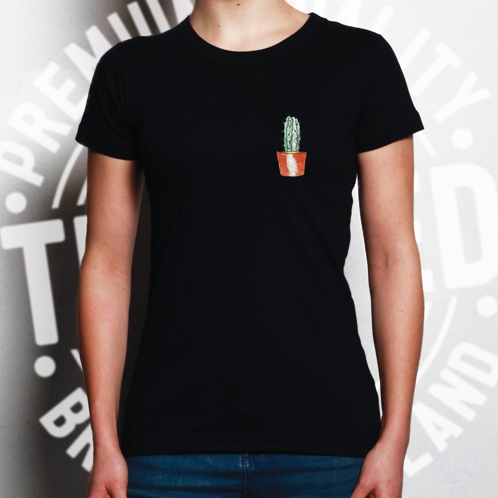 Cute Plant Womens T Shirt Drawn Cactus Art Pocket Print