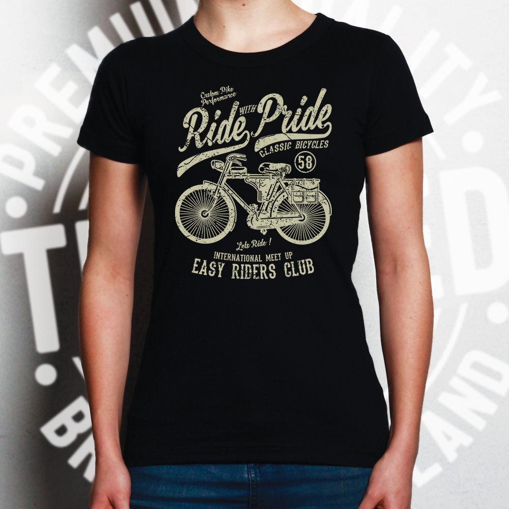 Cycling Womens T Shirt Ride With Pride Retro Cyclist Bike