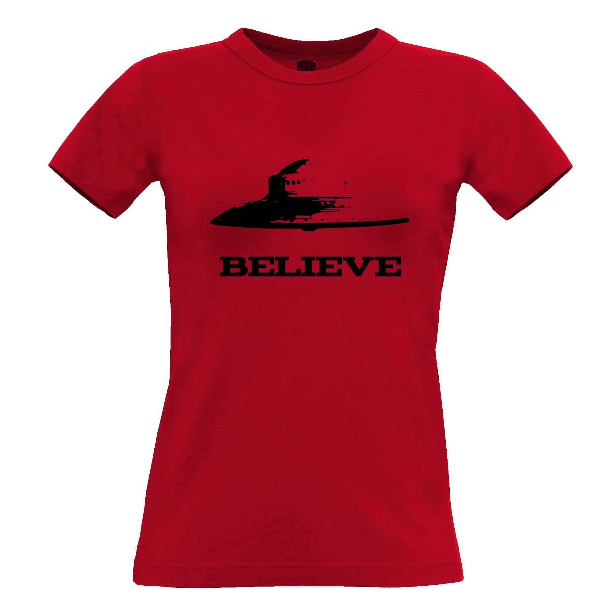 Alien Womens T Shirt Believe in UFO Flying Saucers