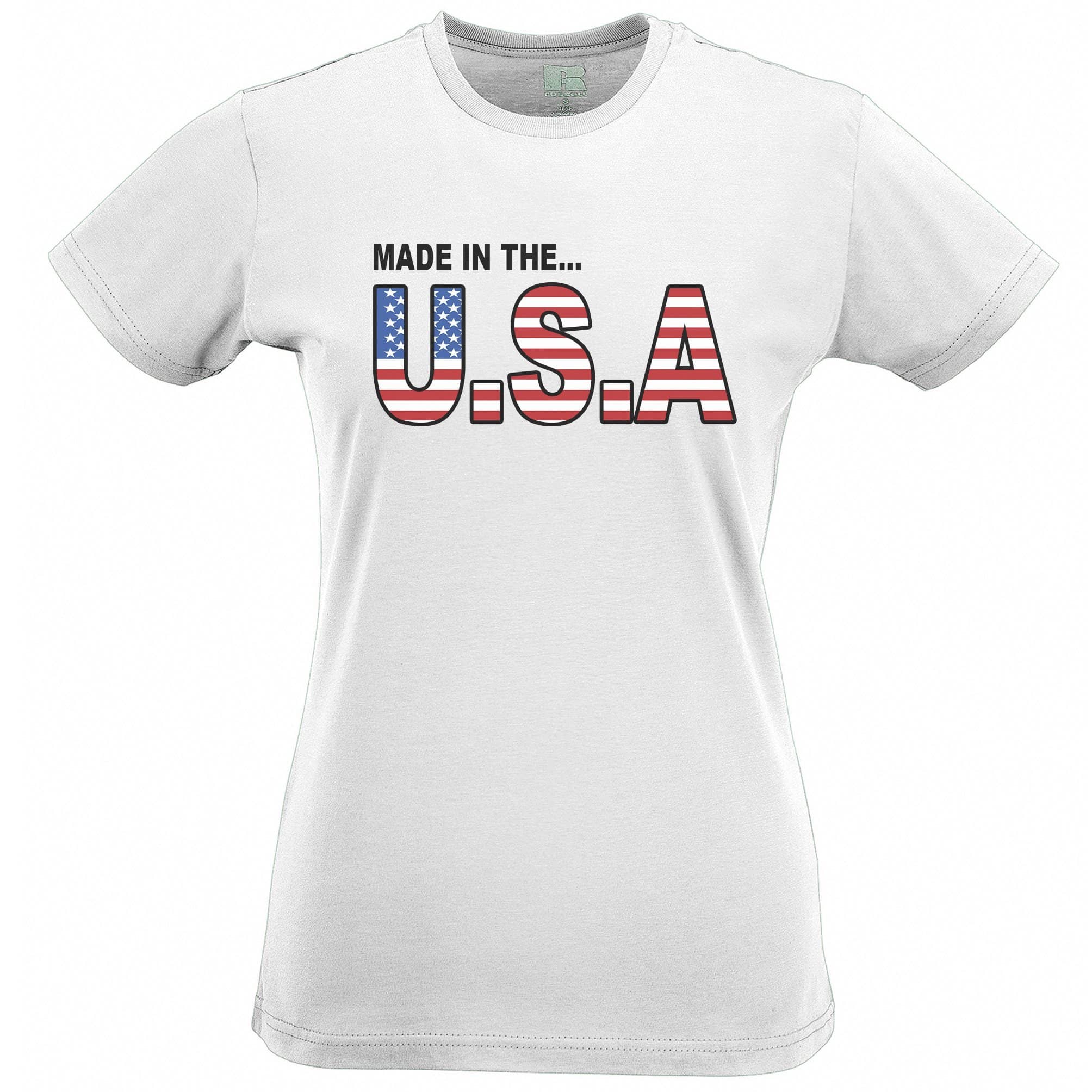 American Womens T Shirt Made In The USA Stylised Flag Text