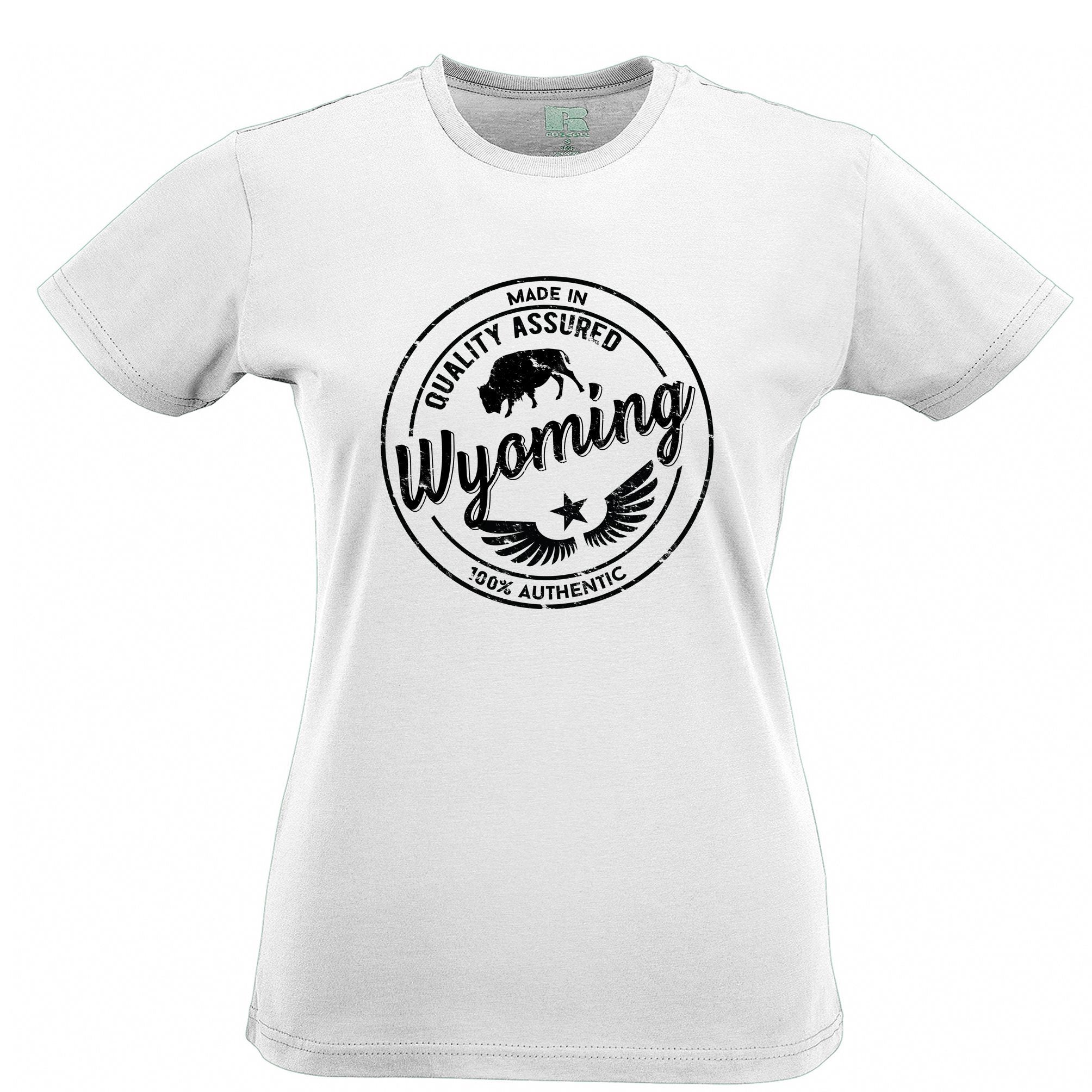 Hometown Pride Womens T Shirt Made in Wyoming Stamp