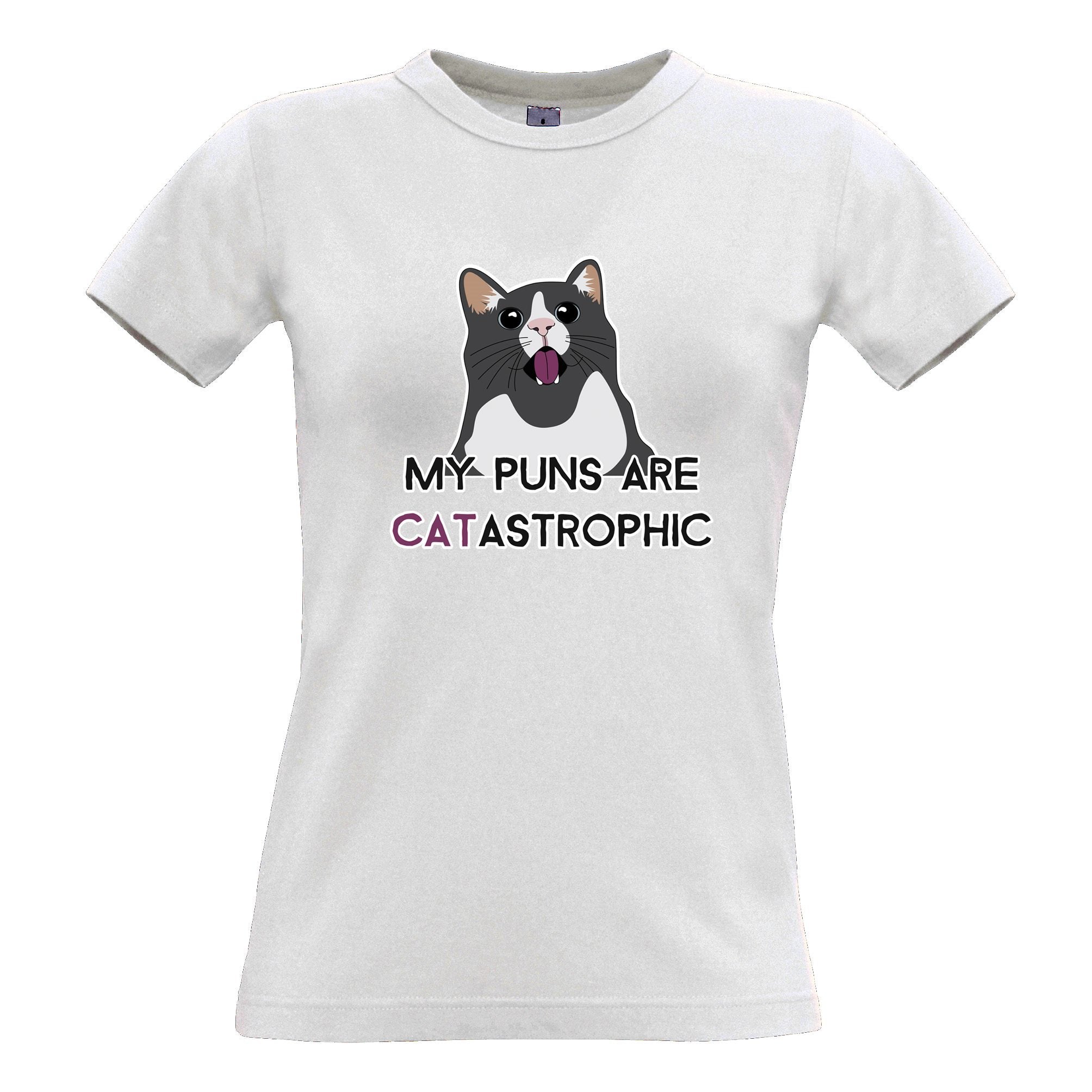 Novelty Cat Womens T Shirt My Puns Are Catastrophic Joke