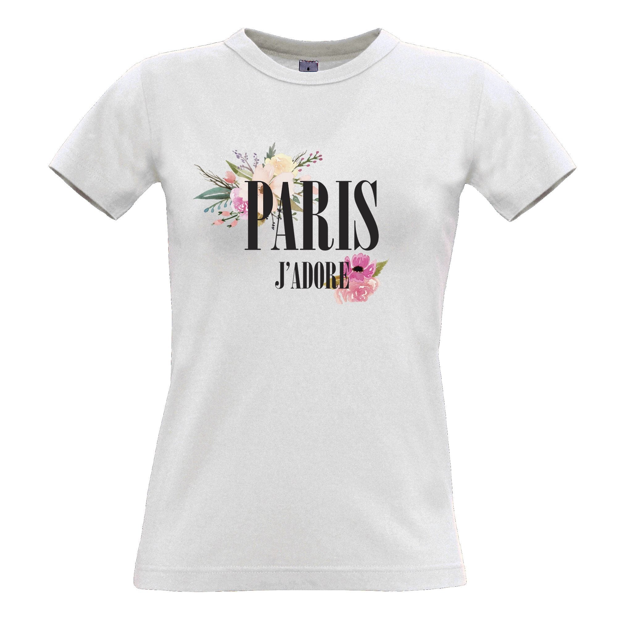 Watercolour Art Womens T Shirt J'adore Paris Flowers Logo