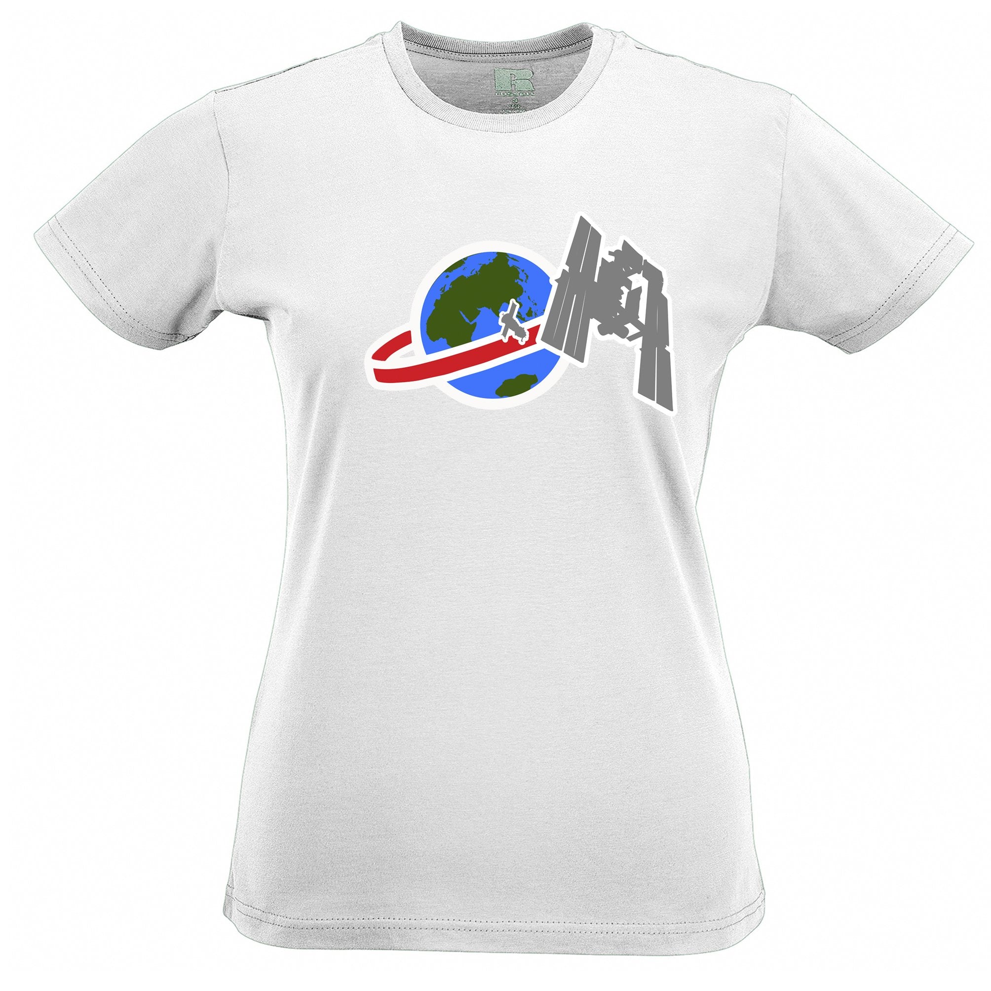 Retro Space Womens T Shirt Satellite Over Earth