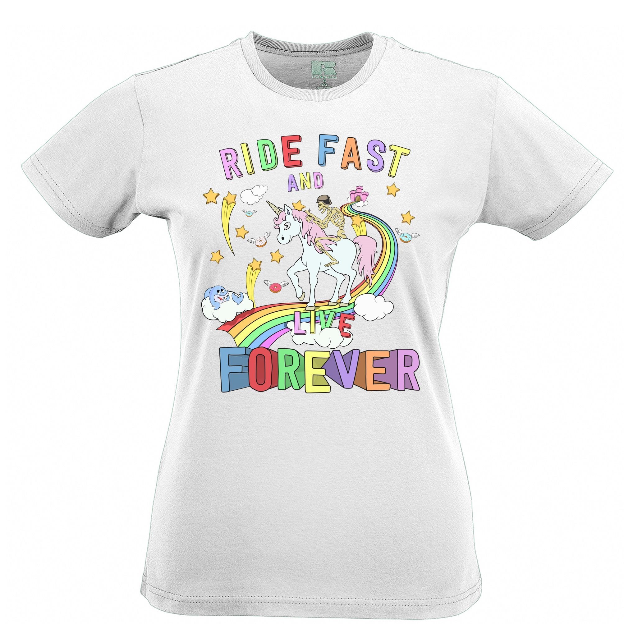 Unicorn Womens T Shirt Ride Fast And Live Forever Skeleton