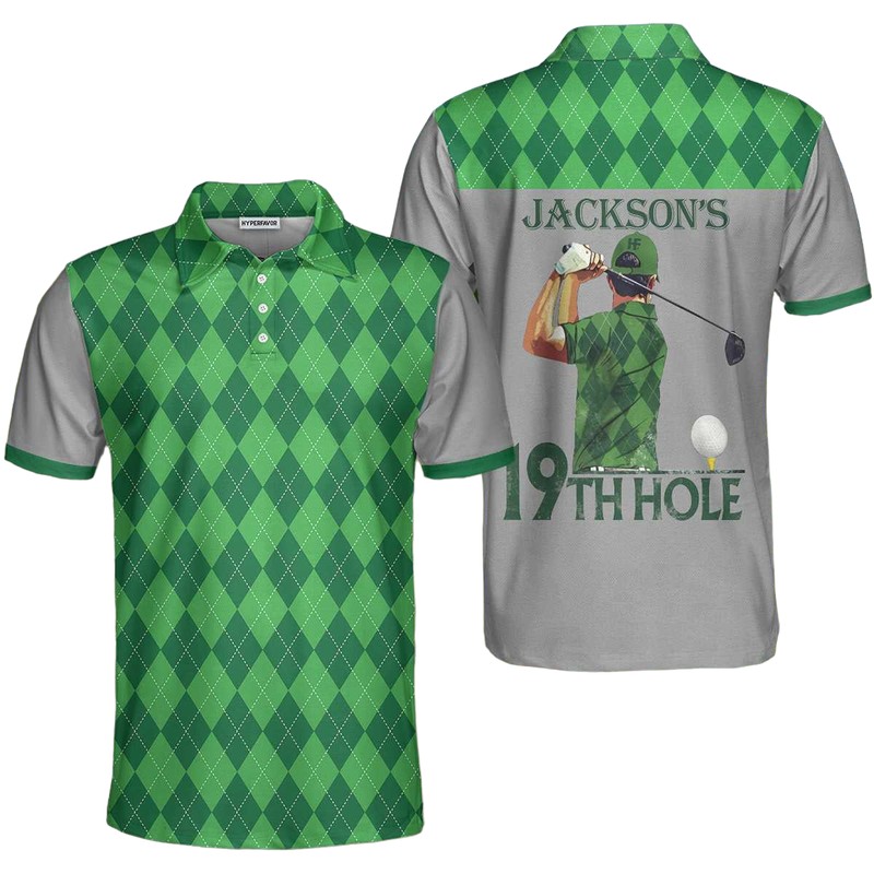 19th Hole Custom Polo Shirt Green Argyle Pattern Golf Shirt For Men Personalized Golf Gift For Golfers