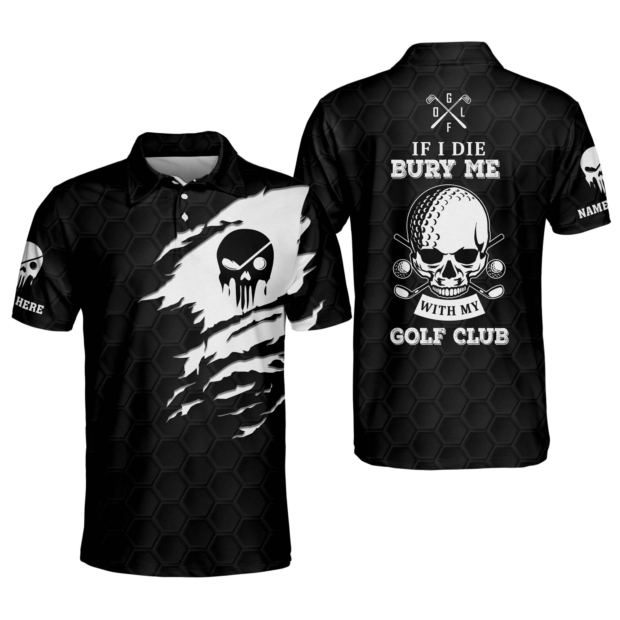 Custom Funny Golf Shirts for Men If I Die Bury Me with My Golf Club Mens Skull Golf Shirts Short Sleeve Polo Crazy Golf Polo Shirts GOLF