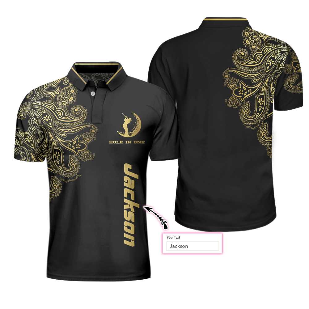 Golden Hole In One Black Golf Custom Polo Shirt Personalized Golden Floral Paisley Golf Shirt For Men