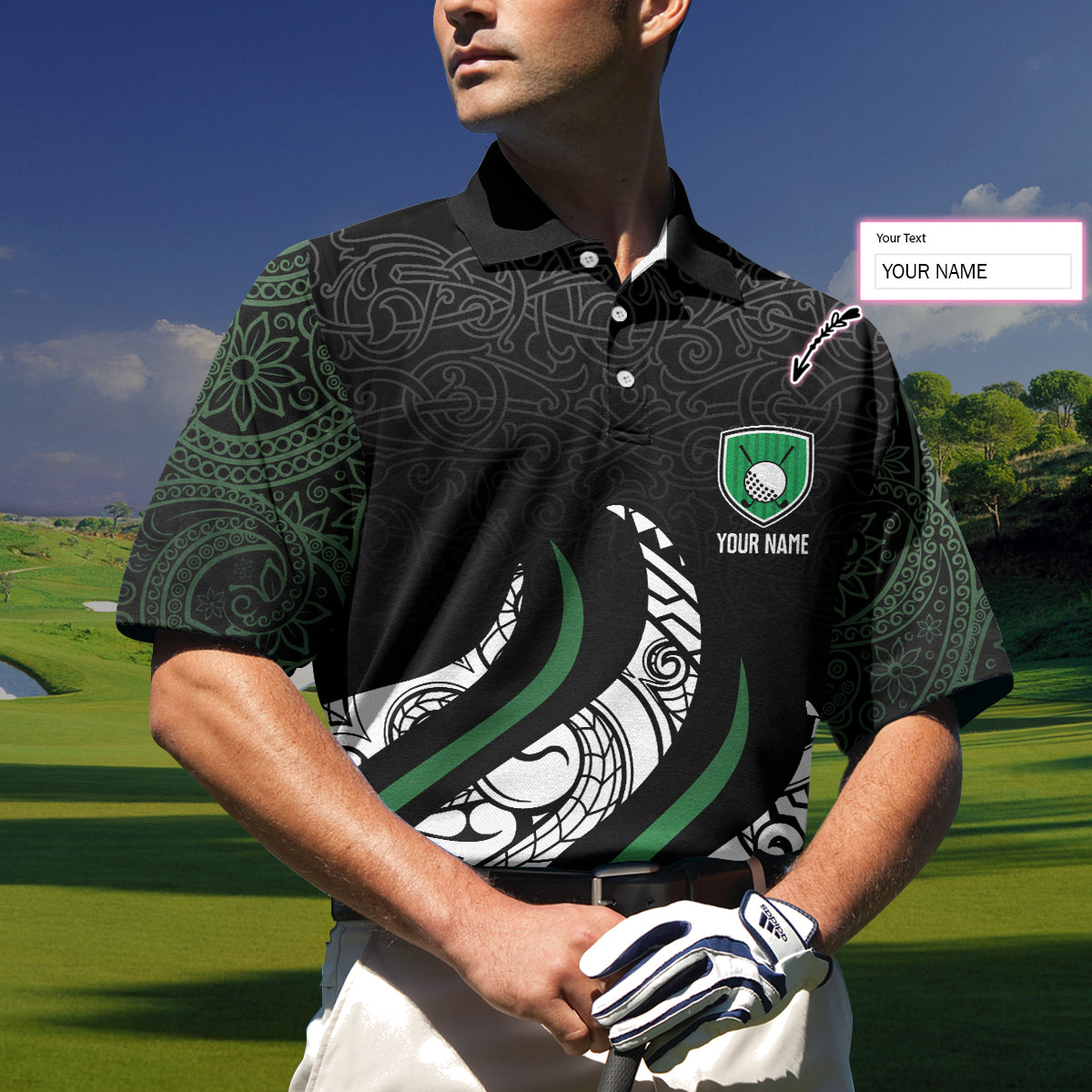 Golf Black And Green Abstract Pattern Custom Polo Shirt Personalized Golf Gift For Male Golfers