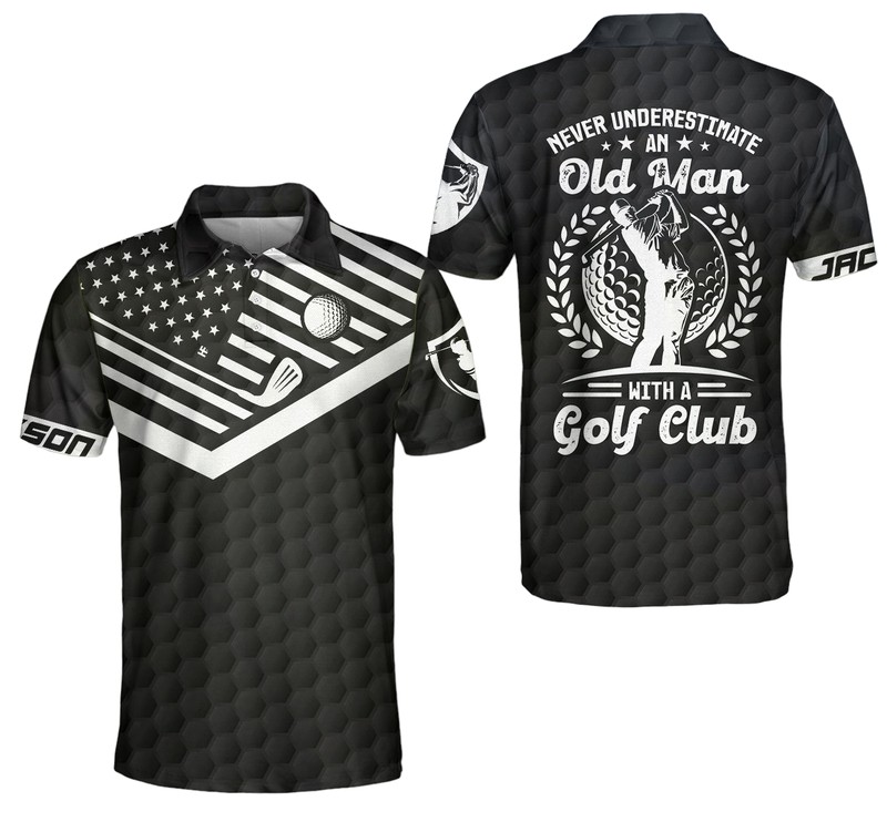 Never Underestimate An Old Man Custom Polo Shirt Personalized Black American Flag Golf Shirt For Men