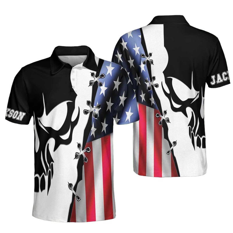 Personalized American Flag Short Sleeve Custom Polo Shirt Skull Polo Shirt Best Golf Shirt For Men