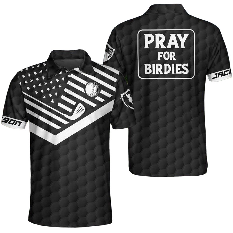 Pray For Birdie Golf Custom Polo Shirt Personalized Black American Flag Golf Shirt For Men