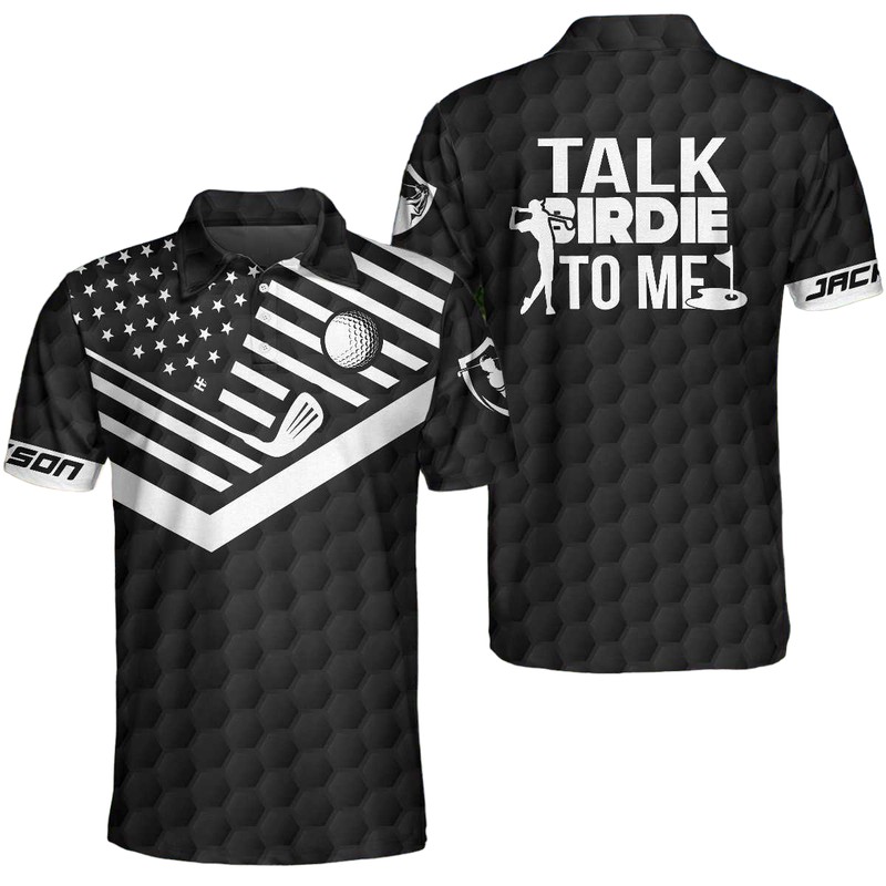 Talk Birdie To Me Custom Polo Shirt Personalized Black American Flag Golf Shirt For Men