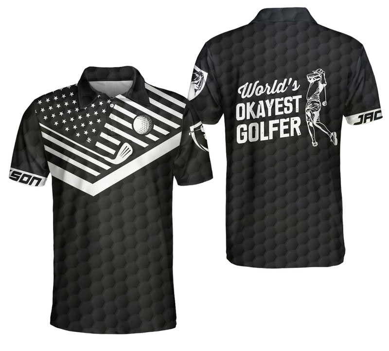 Worlds Okayest Golfer Custom Polo Shirt Personalized Black American Flag Golf Shirt For Men