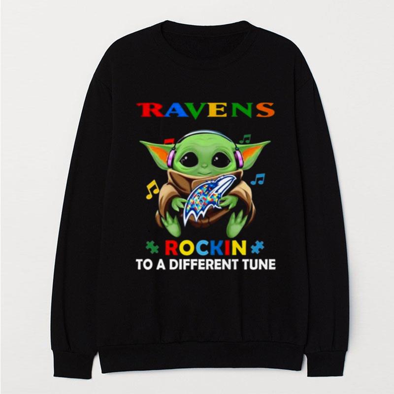 Baby Yoda Hug Baltimore Ravens Autism Rockin To A Different Tune T-Shirt Unisex