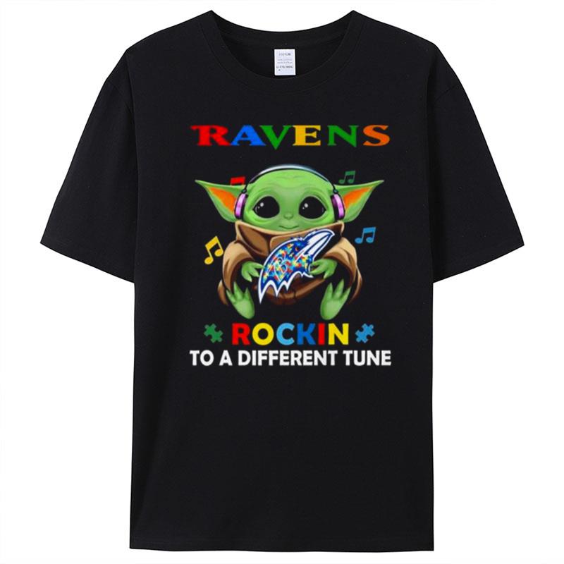 Baby Yoda Hug Baltimore Ravens Autism Rockin To A Different Tune T-Shirt Unisex
