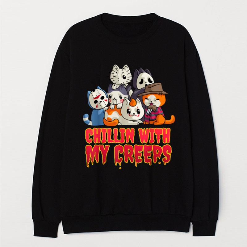 Chillin With My Creeps Funny Cat Horror Movies Serial Killer T-Shirt Unisex