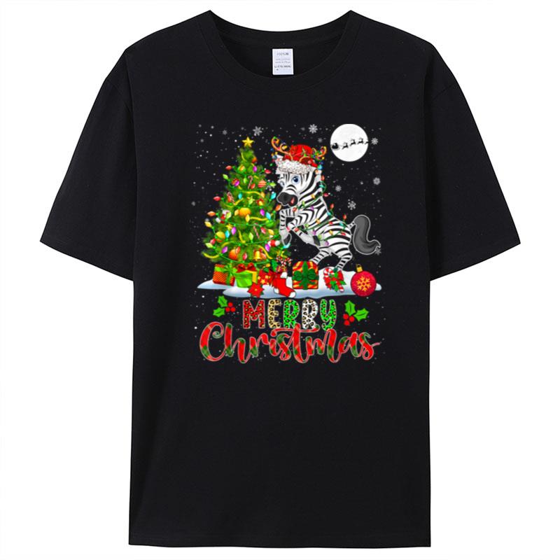 Merry Christmas Santa Reindeer Zebra Xmas Tree Lights Family T-Shirt Unisex