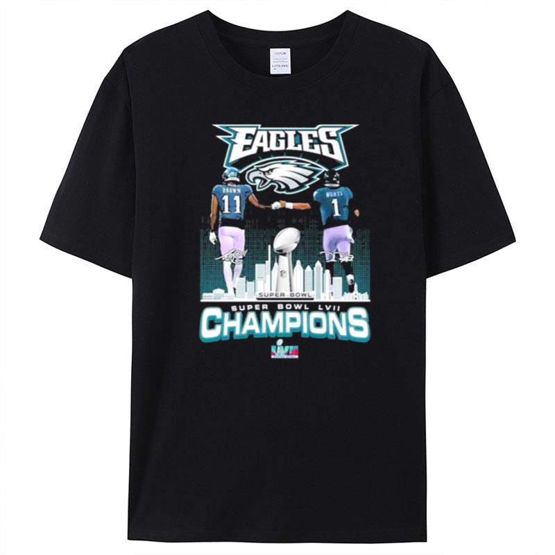Philadelphia Eagles Skyline A J Brown And Jalen Hurts Super Bowl Lvii Champions Signatures T-Shirt Unisex