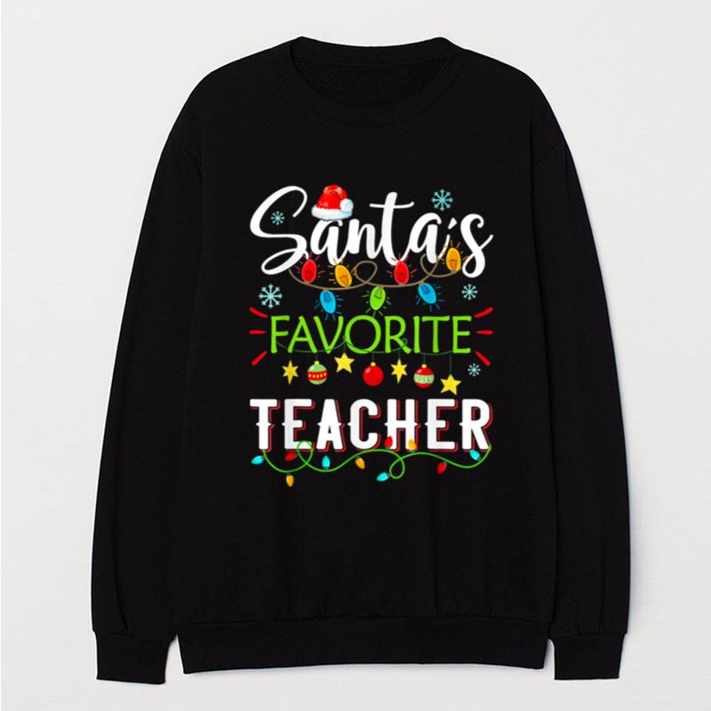 Santa's Favorite Teacher Christmas Santa Hat Light T-Shirt Unisex