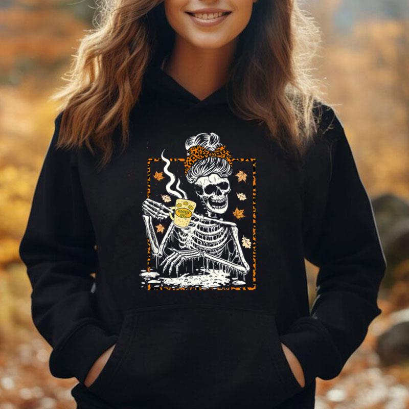 Skeleton Coffee Messy Bun Halloween Thanksgiving Autumn Fall T-Shirt Unisex