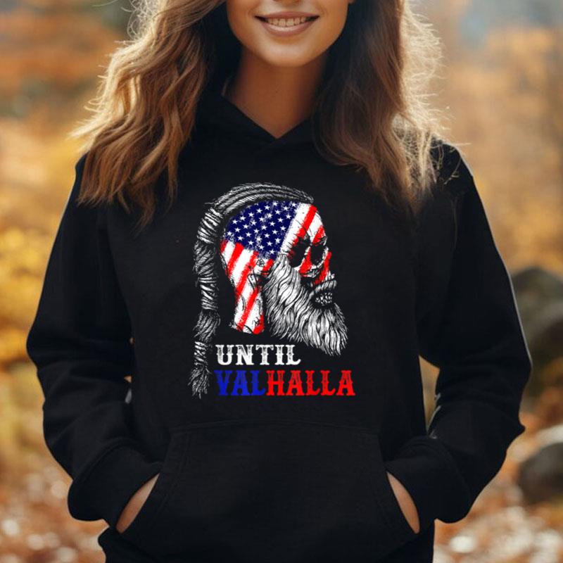 Until Valhalla Skull American Flag Retro Viking Nordic T-Shirt Unisex