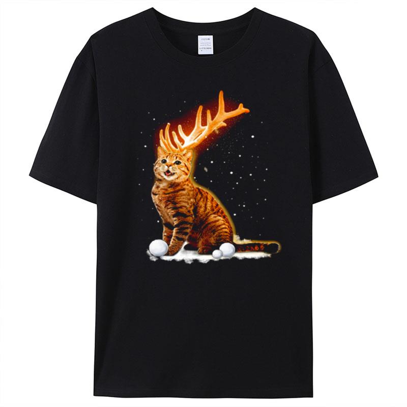 Cat Sparkling Reindeer Horns Christmas T-Shirt Unisex