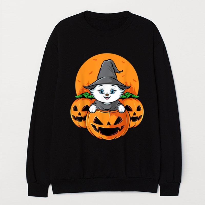 Cute Halloween Cat Witch Hat Pumpkin For Kids Girls T-Shirt Unisex