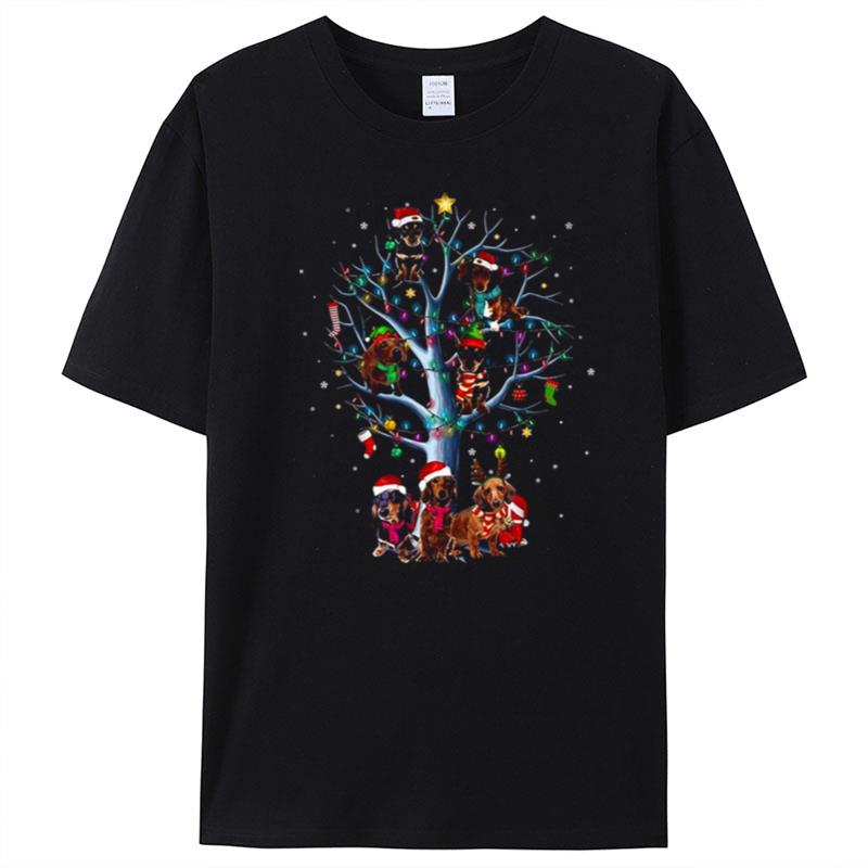 Dachshund Santa Tree Merry Christmas Light T-Shirt Unisex