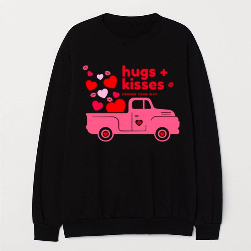 Hugs And Kisses Pink Truck With Hearts And Kisses Happy Valentine's Day T-Shirt Unisex