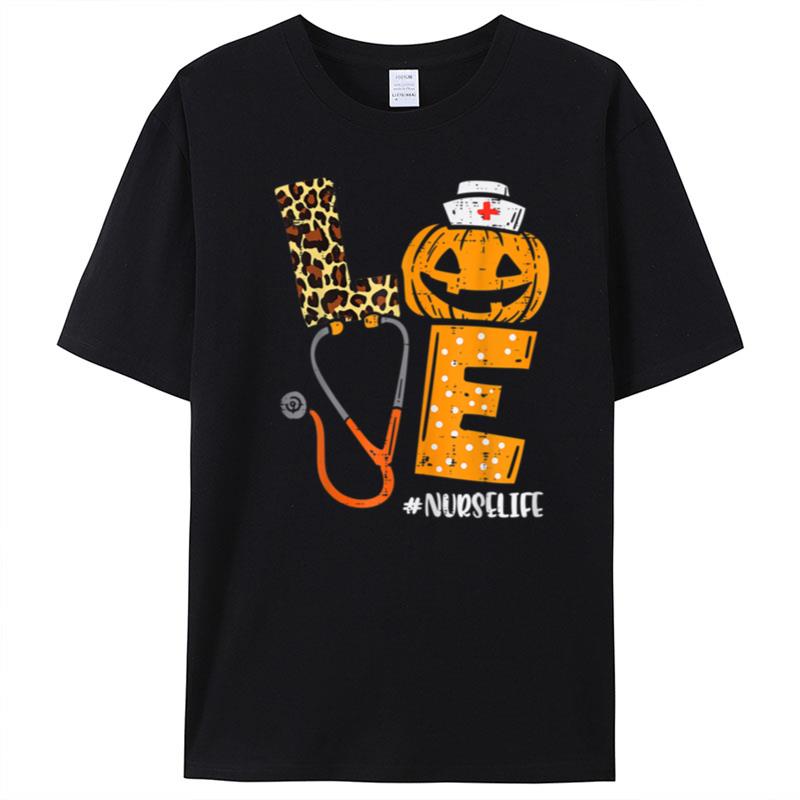 Love Nurse Life Pumpkin Leopard Fall Halloween Nurses Women T-Shirt Unisex