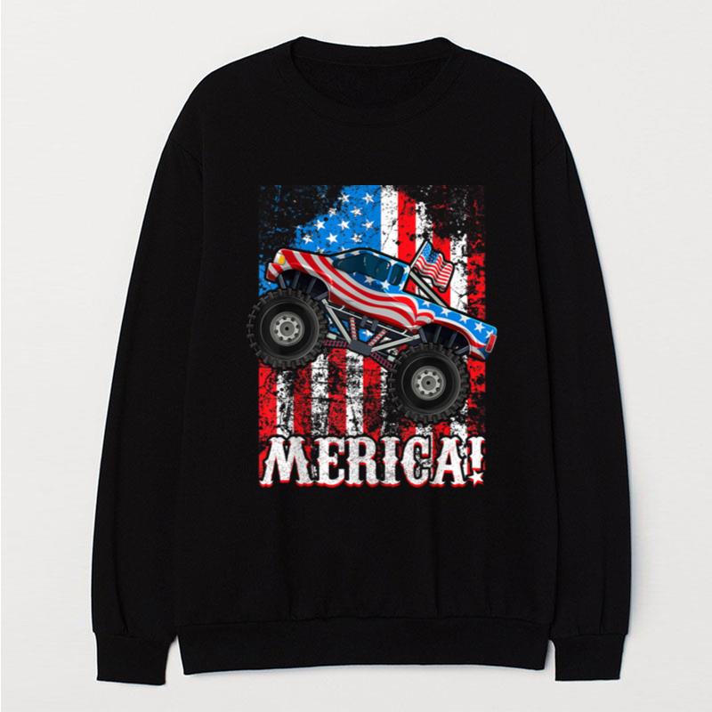 Merica Monster Truck American Flag July 4Th Boys Kids T-Shirt Unisex