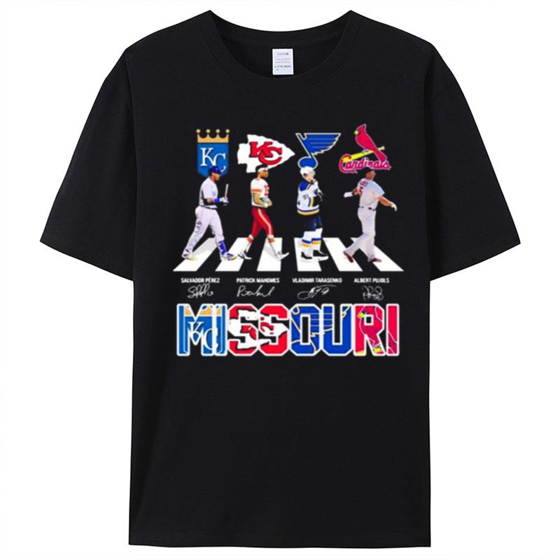 Missouri Teams Sport Salvador Perez Patrick Mahomes Vladimir Tarasenko And Albert Pujols Signature T-Shirt Unisex