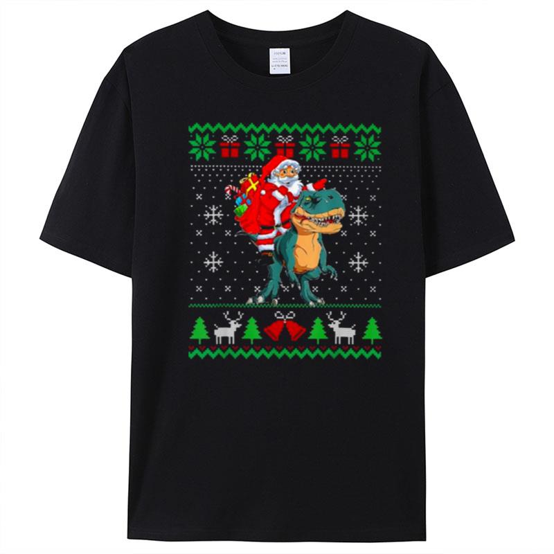 Santa Riding Dinosaur Rex Dinosaur Christmas Ugly T-Shirt Unisex