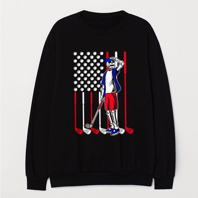 Skeleton Playing Golf With American Flag T-Shirt Unisex